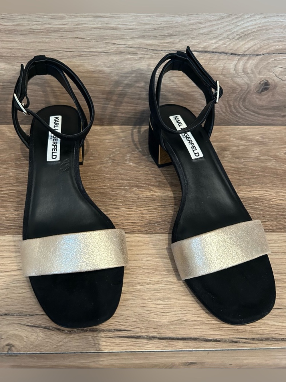 Karl Lagerfeld Tyne Black and Gold low Block Heel Sandals
